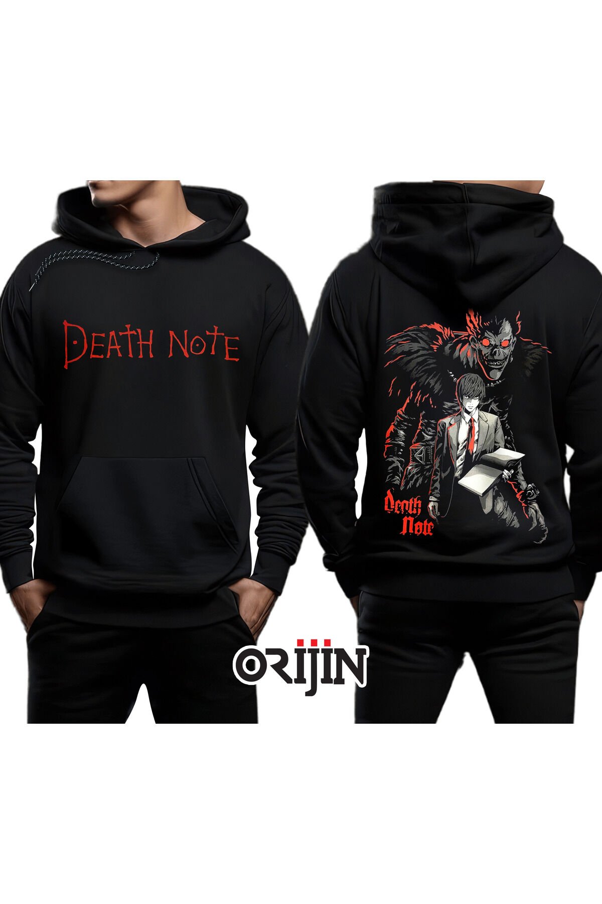 Death Note Shinigami Yagami Light Ön Arka Baskılı Siyah Kapşonlu Sweatshirt