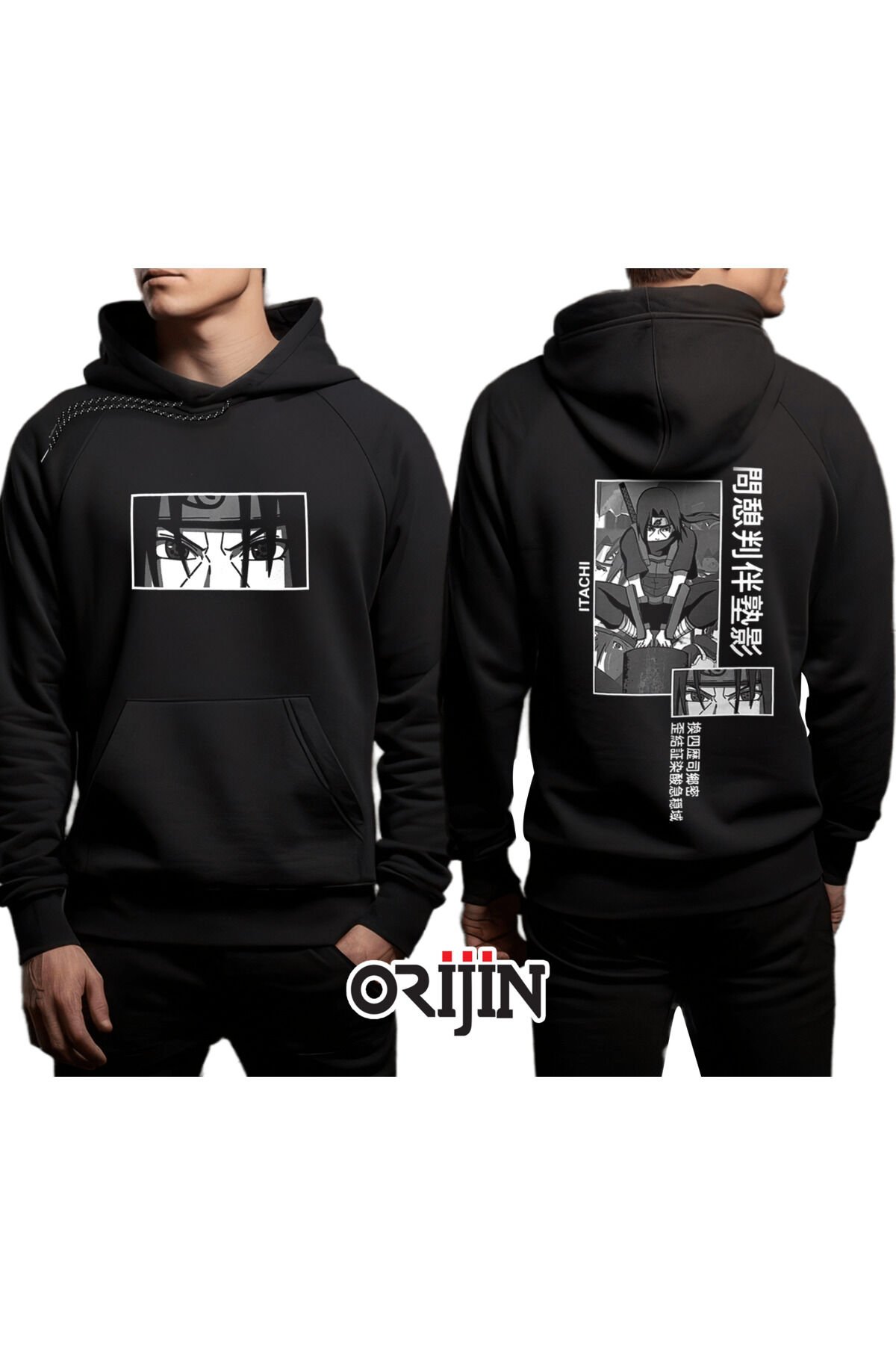 Naruto Itachi Ön Arka Baskılı Siyah Kapşonlu Sweatshirt