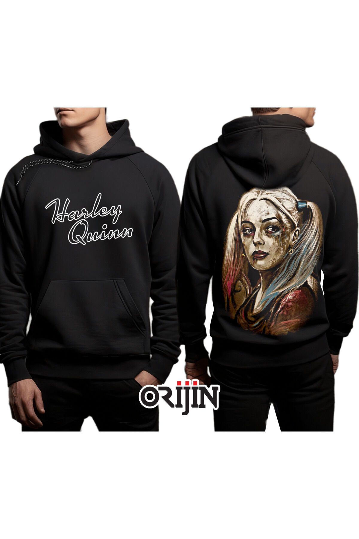 Harley Quinn Ön Arka Baskılı Siyah Kapşonlu Sweatshirt