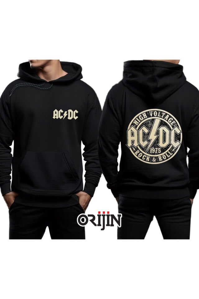 AC DC High Voltage 1975 Ön Arka Baskılı Siyah Kapşonlu Sweatshirt
