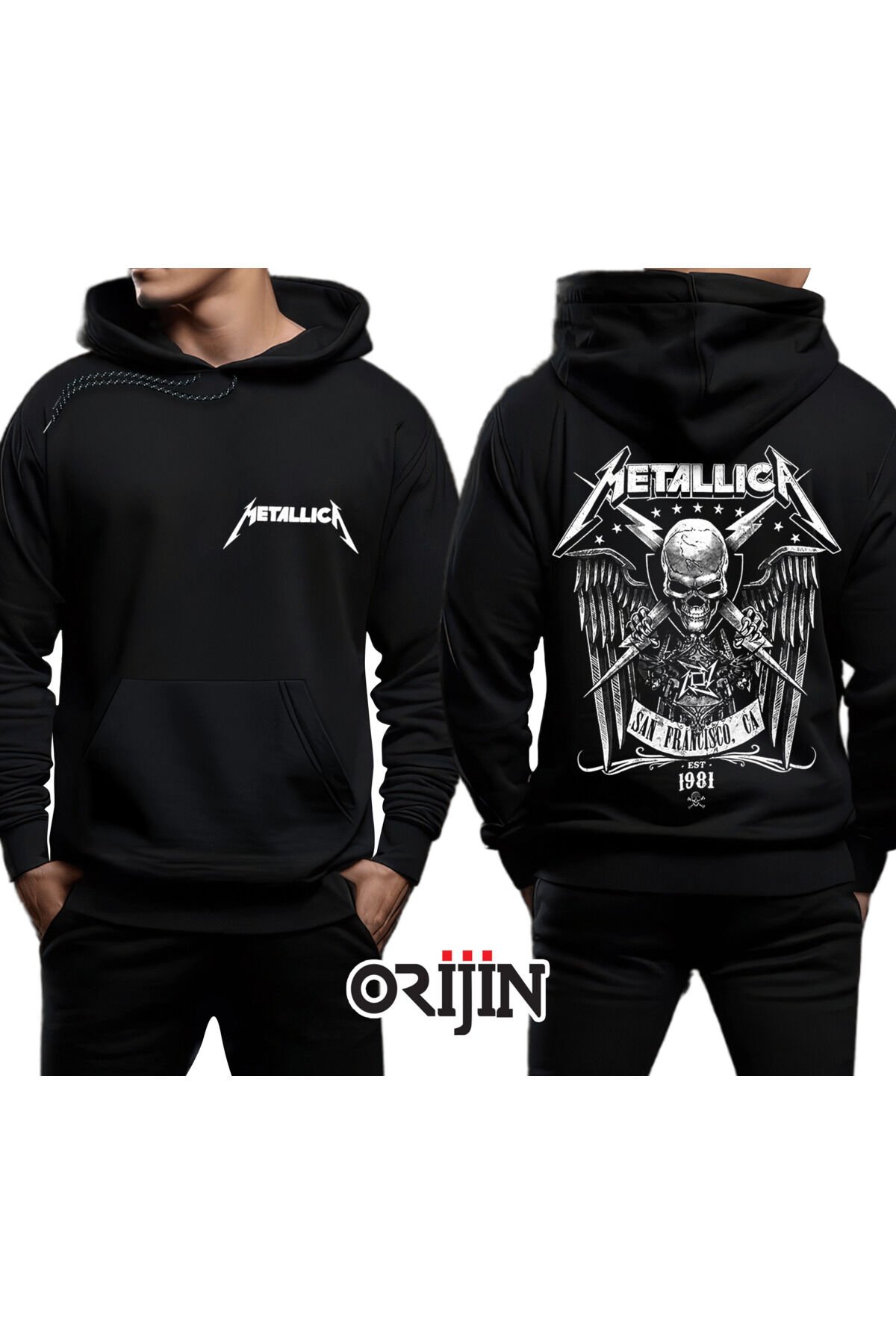 Metallica San Francisco Est 1981 Ön Arka Baskılı Siyah Kapşonlu Sweatshirt