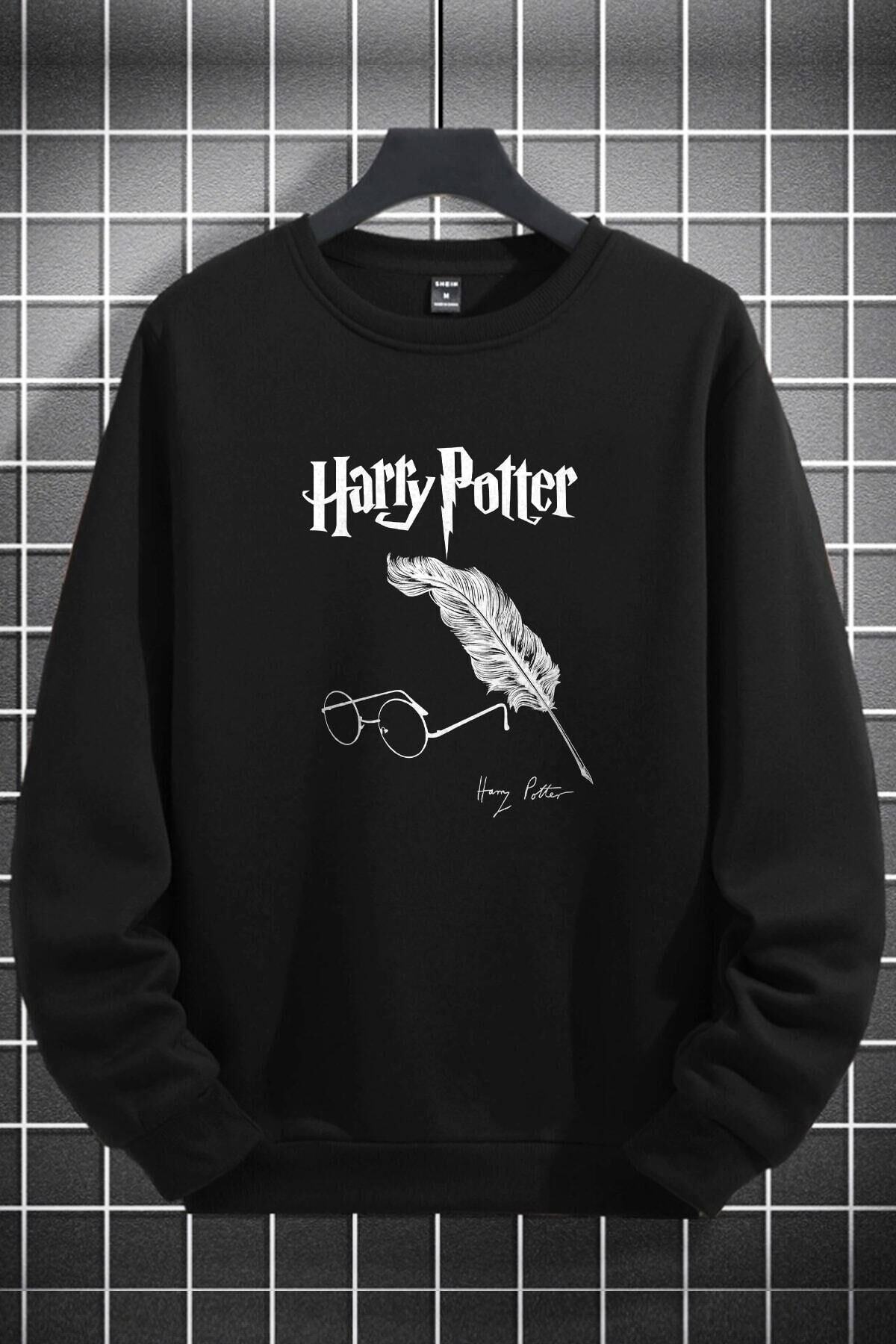 Unisex Kadın Erkek Harry Potter Baskılı Sıfır Yaka Siyah Polar Sweatshirt