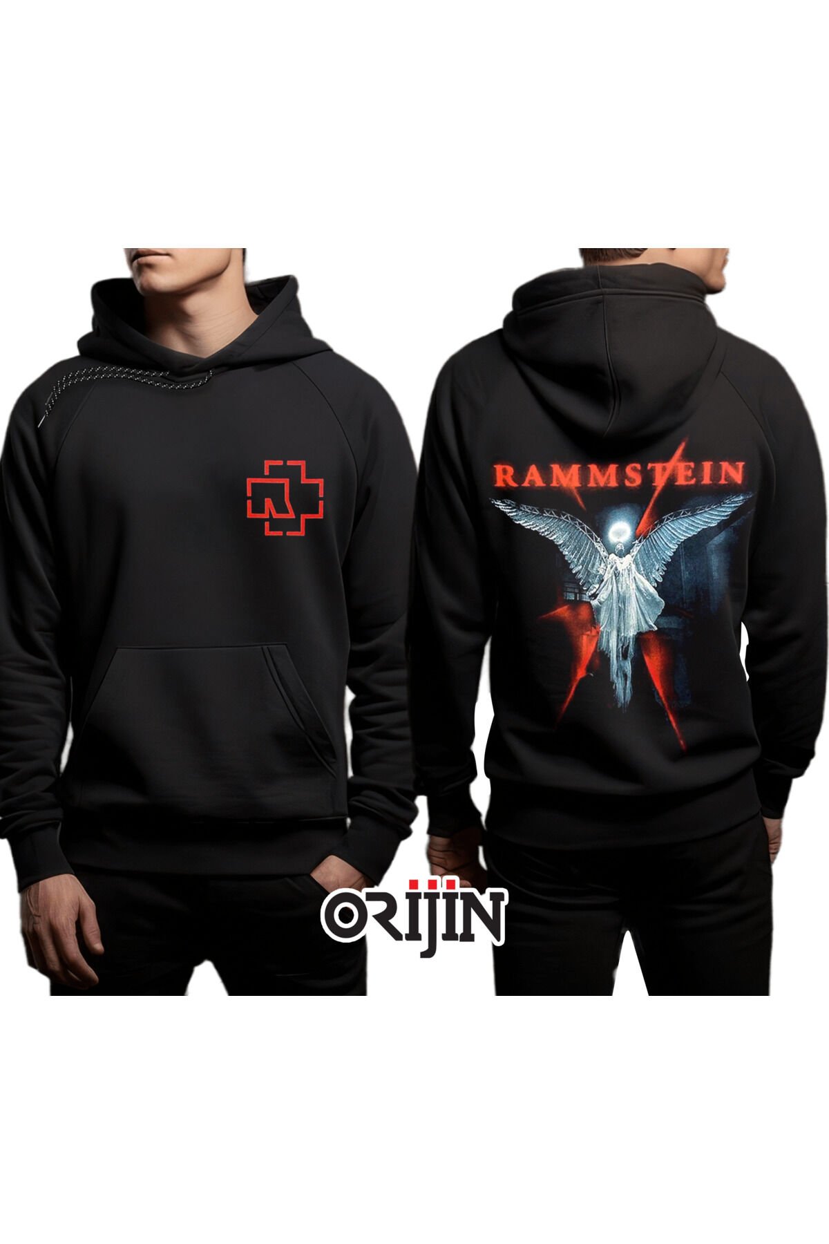 Rammstein Angel Ön Arka Baskılı Siyah Kapşonlu Sweatshirt