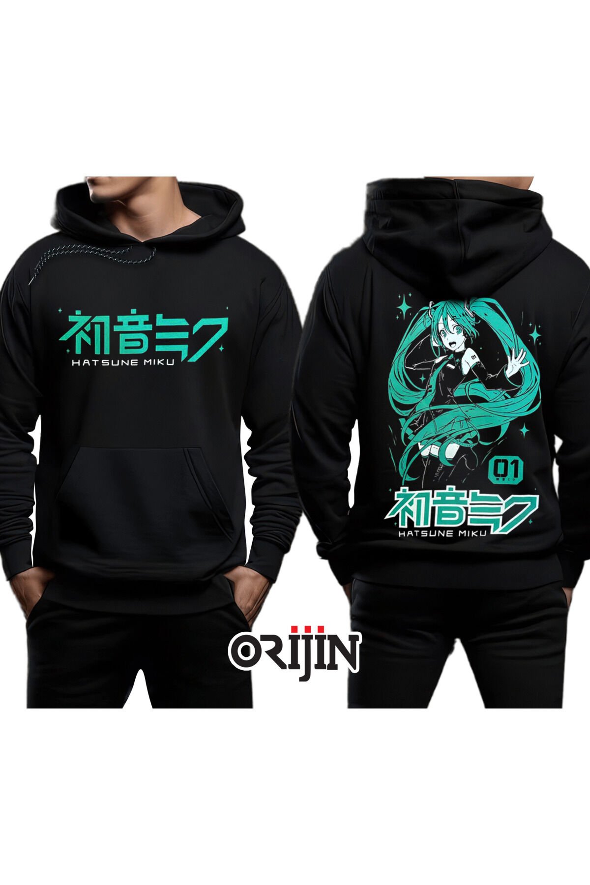 Hatsune Miku CV01 Vocaloid Ön Arka Baskılı Siyah Kapşonlu Sweatshirt