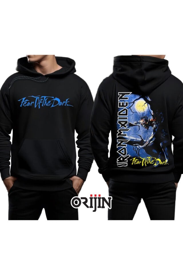 Iron Maiden Fear of The Dark Ön Arka Baskılı Siyah Kapşonlu Sweatshirt