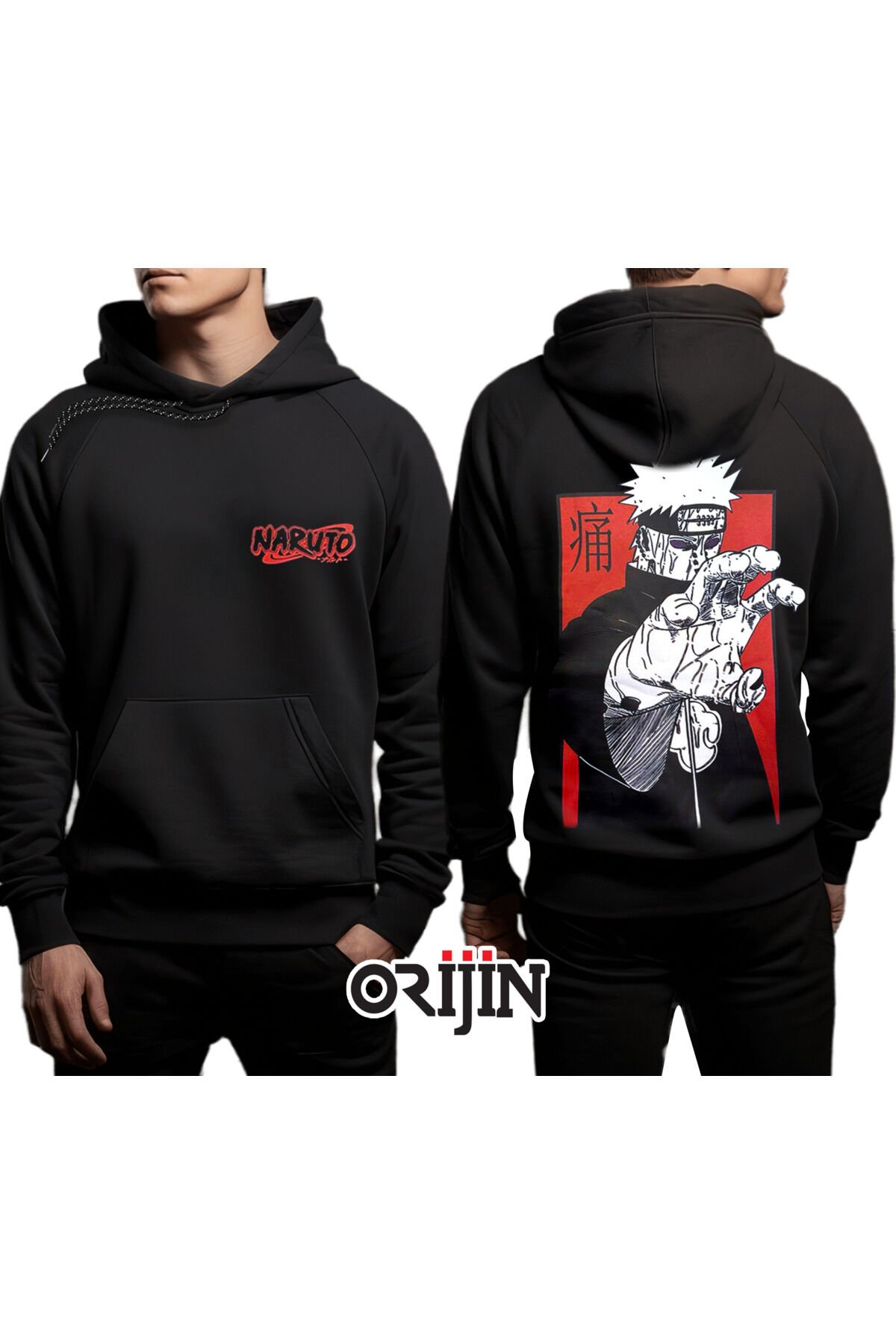 Naruto Pain Ön Arka Baskılı Siyah Kapşonlu Sweatshirt