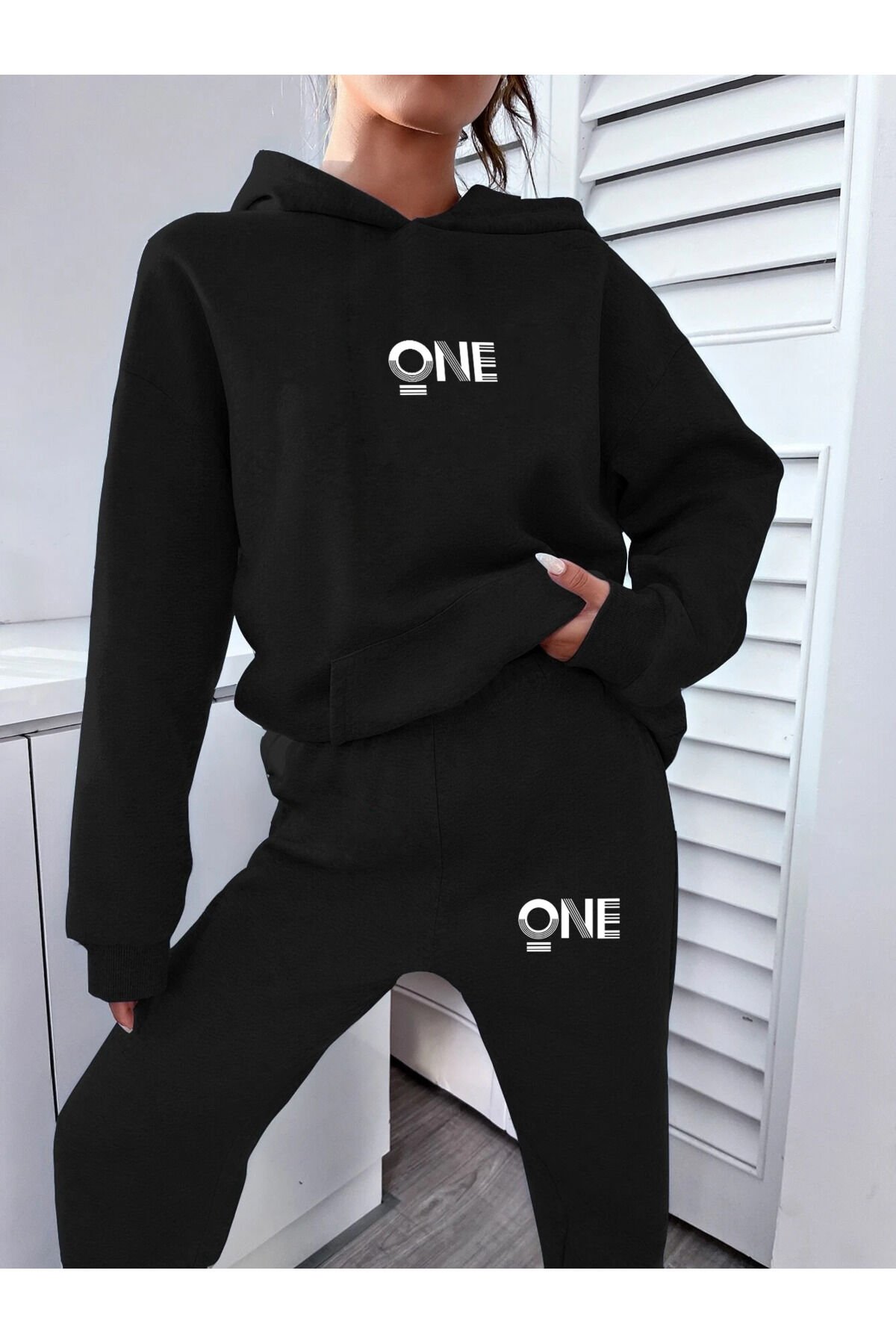 Kadın ONE Baskılı Sweatshirt Alt Üst Eşofman Takımı