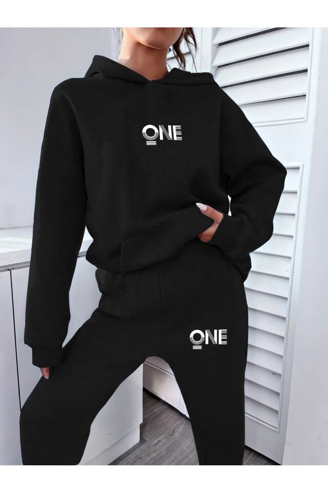 Kadın ONE Baskılı Sweatshirt Alt Üst Eşofman Takımı
