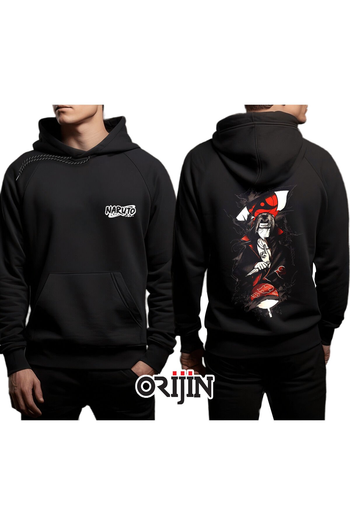 Naruto Itachi Crows Ön Arka Baskılı Siyah Kapşonlu Sweatshirt