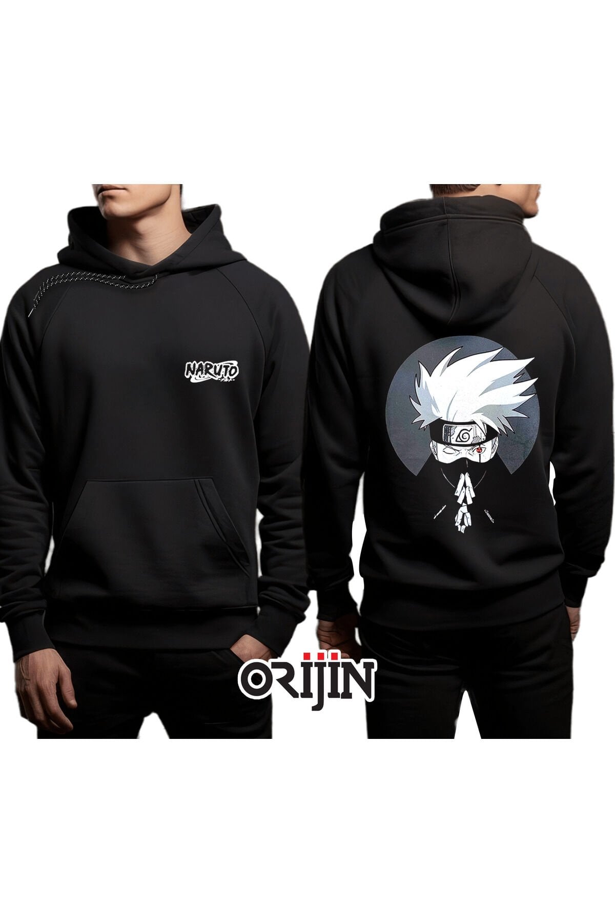 Naruto Kakashi Hatake Ön Arka Baskılı Siyah Kapşonlu Sweatshirt