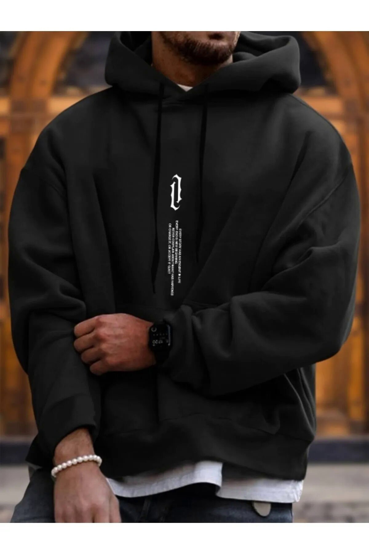 Dikey Yazı Baskı Detaylı Unisex Kanguru Cepli Kapüşonlu Sweatshirt Hoodie