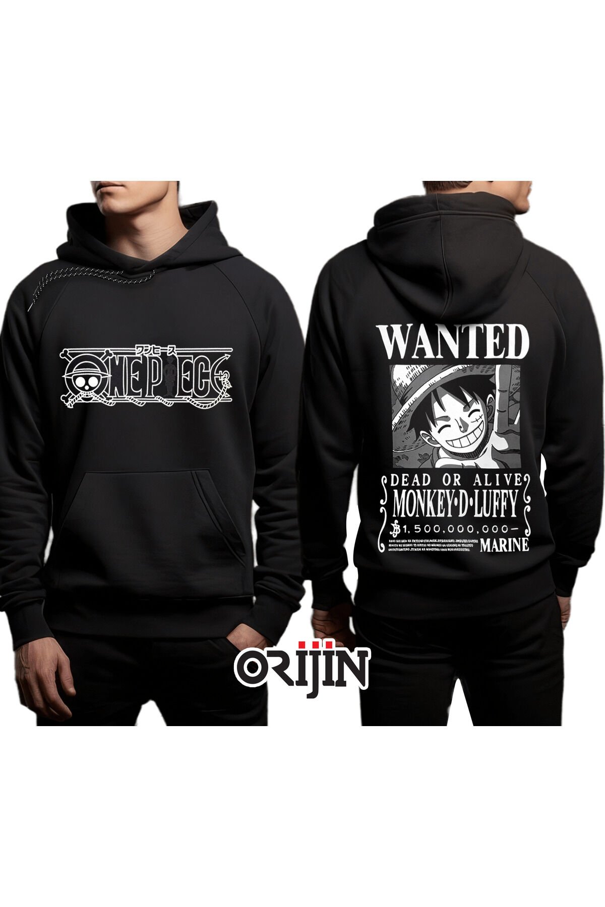 One Piece Monkey D. Luffy Wanted Ön Arka Baskılı Siyah Sweatshirt