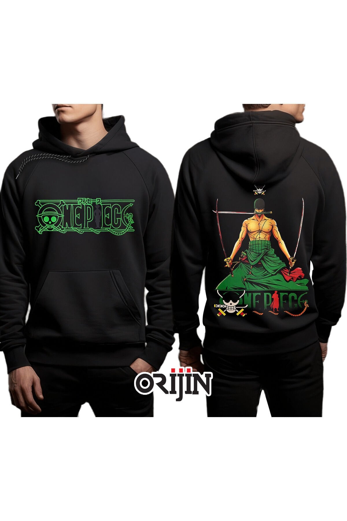 One Piece Roronoa Zoro Ön Arka Baskılı Siyah Kapşonlu Sweatshirt
