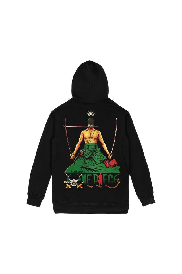 One Piece Roronoa Zoro Ön Arka Baskılı Siyah Kapşonlu Sweatshirt