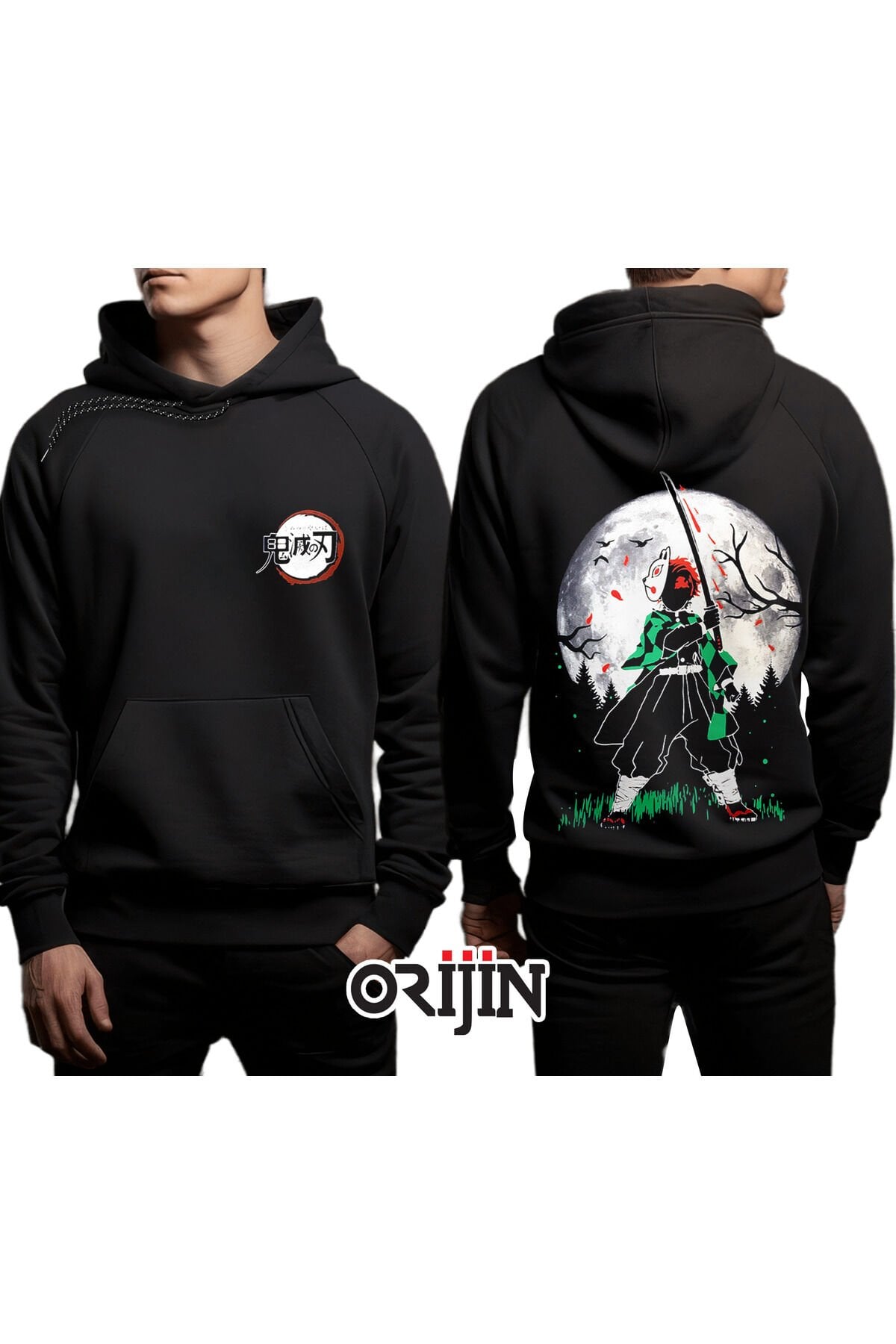 Demon Slayer Tanjiro Kamado Moon Ön Arka Baskılı Siyah Kapşonlu Sweatshirt