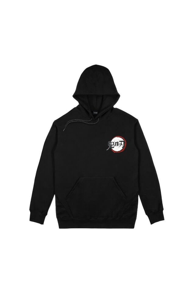 Demon Slayer Tanjiro Kamado Moon Ön Arka Baskılı Siyah Kapşonlu Sweatshirt
