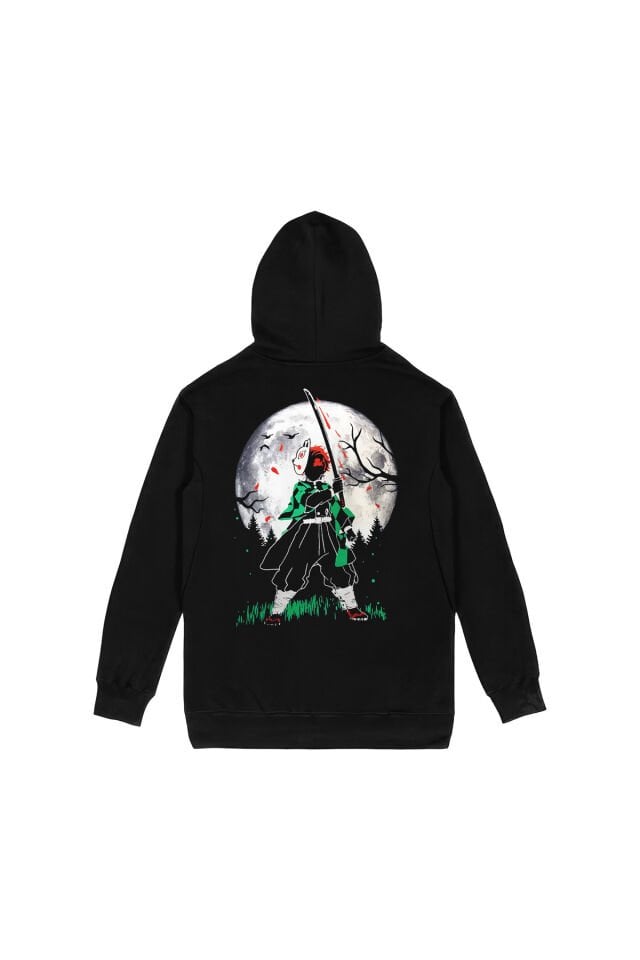 Demon Slayer Tanjiro Kamado Moon Ön Arka Baskılı Siyah Kapşonlu Sweatshirt