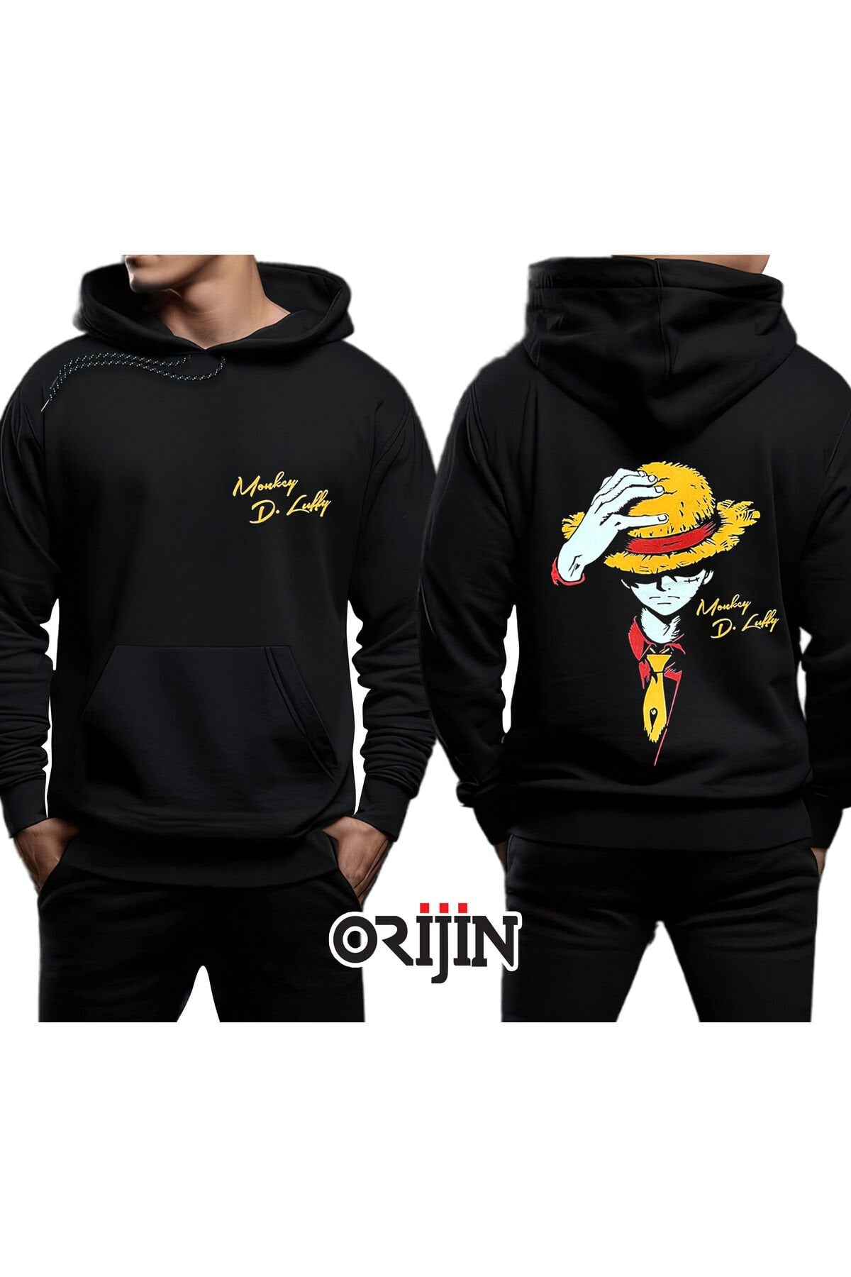 One Piece Monkey D. Luffy Ön Arka Baskılı Siyah Kapşonlu Sweatshirt
