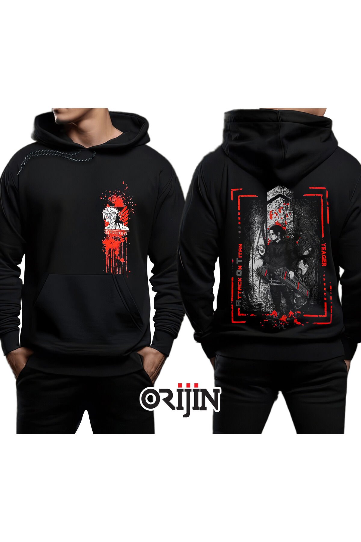 Attack on Titan Eren Yeager Ön Arka Baskılı Siyah Kapşonlu Sweatshirt
