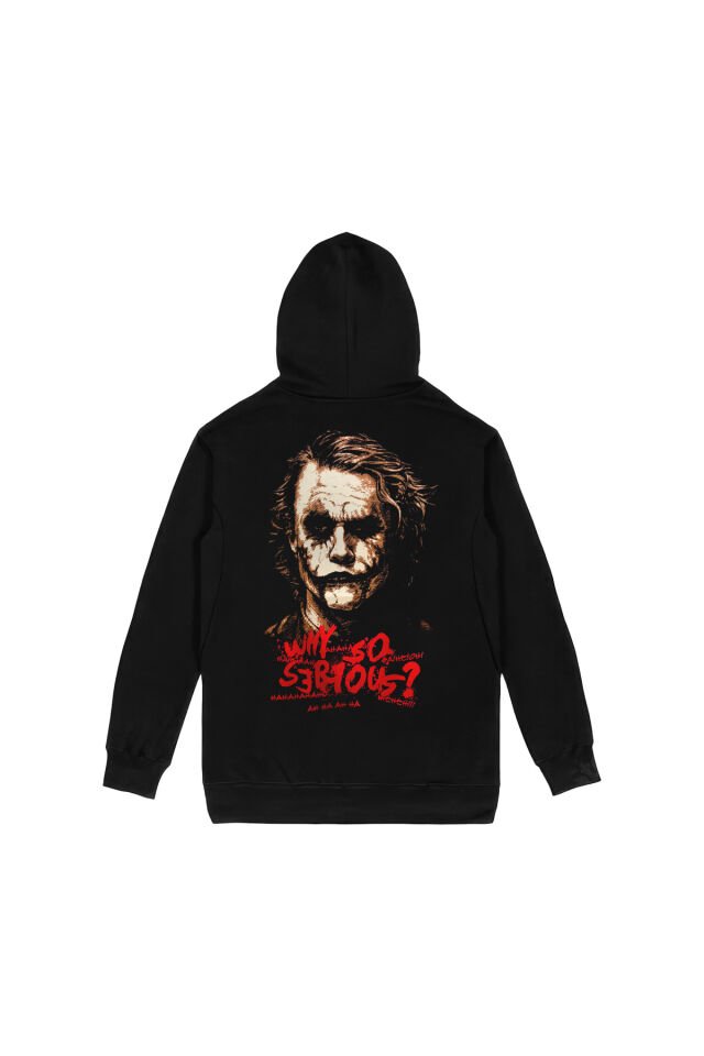 Joker Why So Serious Ön Arka Baskılı Siyah Kapşonlu Sweatshirt
