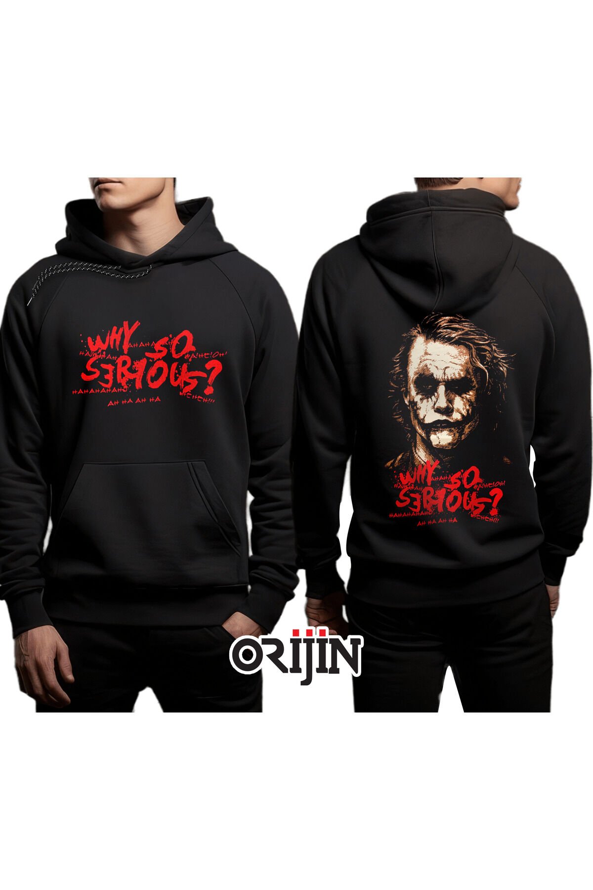 Joker Why So Serious Ön Arka Baskılı Siyah Kapşonlu Sweatshirt