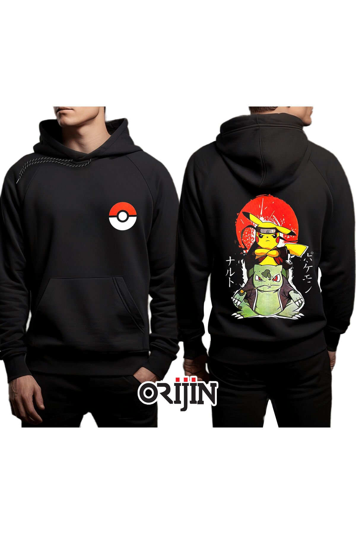 Pokemon Naruto Pikachu Bulbasaur Ön Arka Baskılı Kapşonlu Sweatshirt