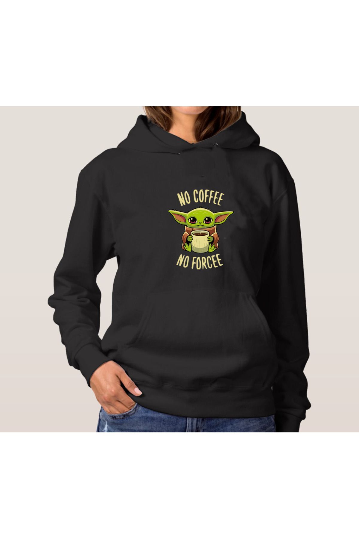 Siyah No Coffee No Forcee Baskılı Kadın Erkek Oversize Kapşonlu Sweatshirt