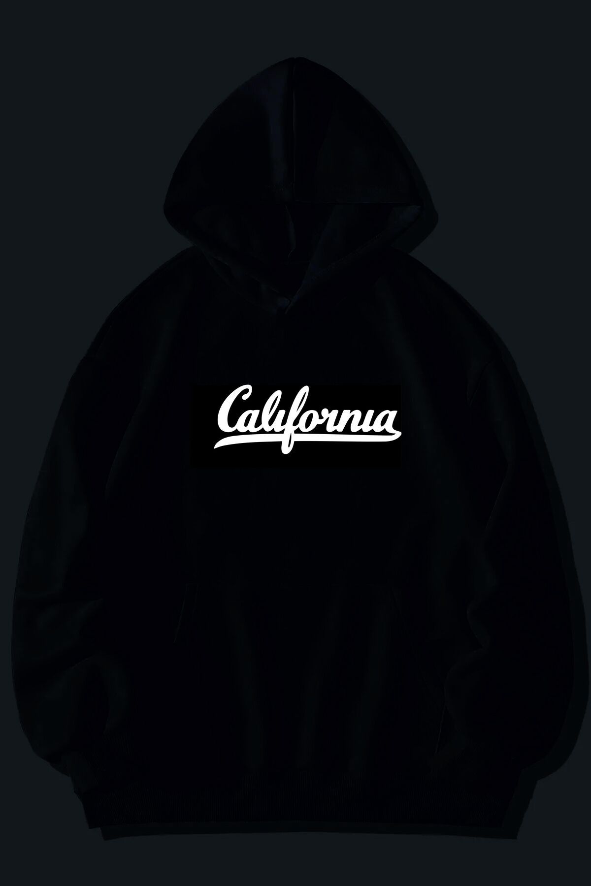 California Baskılı Siyah Kapşonlu Kalın Kumaş ( Unisex )