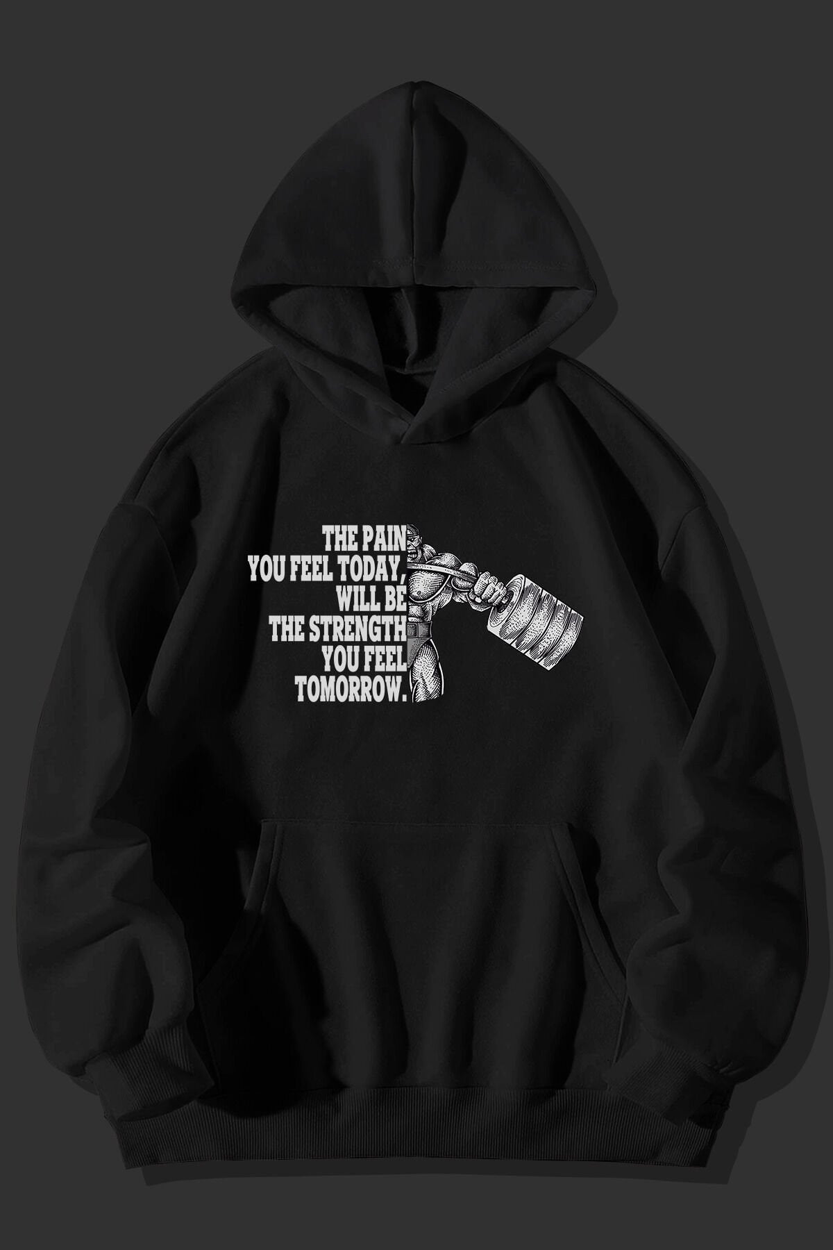 GYM Motivation Baskılı Unisex Siyah Kanguru Cepli Kapüşonlu Sweatshirt Hoodie
