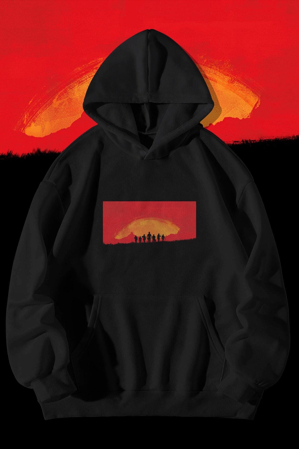 Red dead redemption 2 RDR Baskılı Unisex Siyah Kanguru Cepli Kapüşonlu Sweatshirt Hoodie