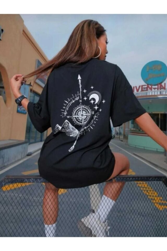 Unisex Detaylı Pusula Baskı Oversize Boyfriend T-Shirt