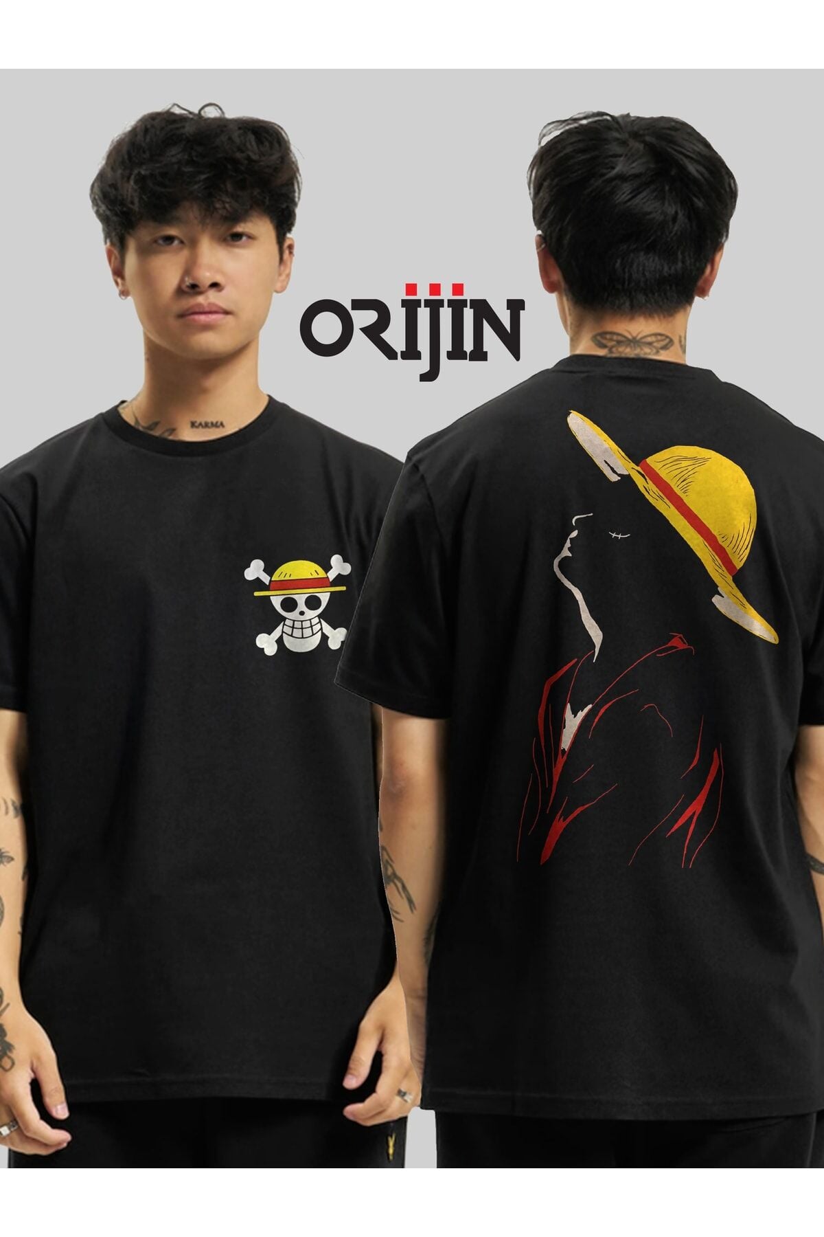 One Piece Monkey D. Luffy Silüet Ön Arka Baskılı Unisex Siyah Tshirt