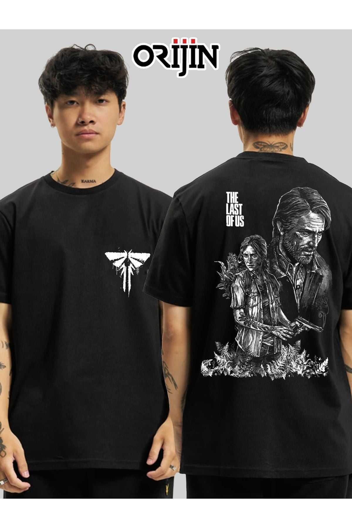 The Last Of Us Ellie And Joel Ön Arka Baskılı Unisex Siyah Tshirt