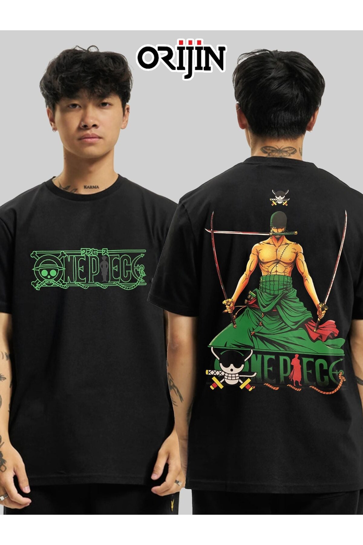 One Piece Roronoa Zoro Üç Kılıç Ön Arka Baskılı Unisex Siyah Tshirt