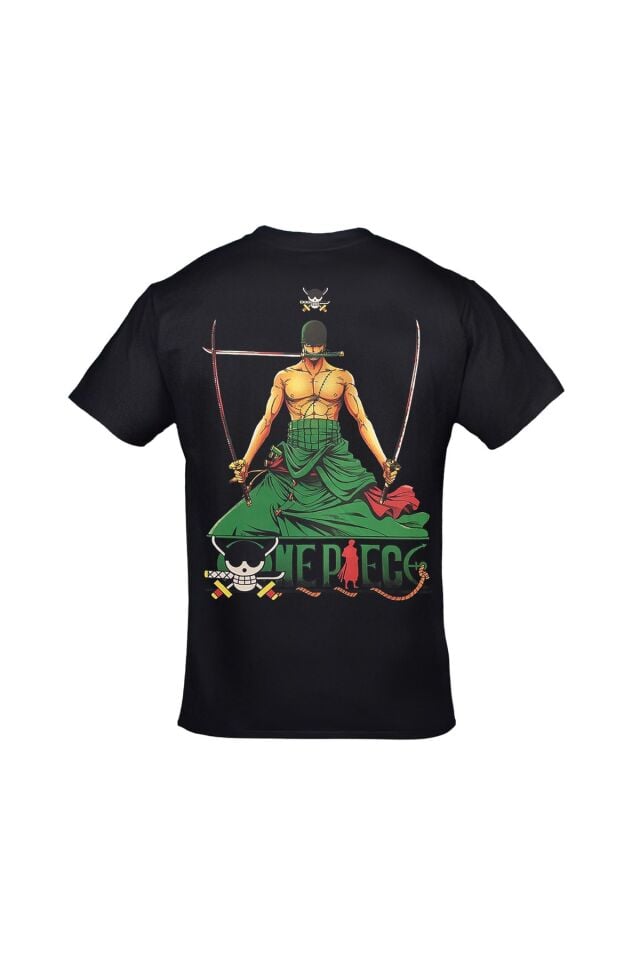 One Piece Roronoa Zoro Üç Kılıç Ön Arka Baskılı Unisex Siyah Tshirt