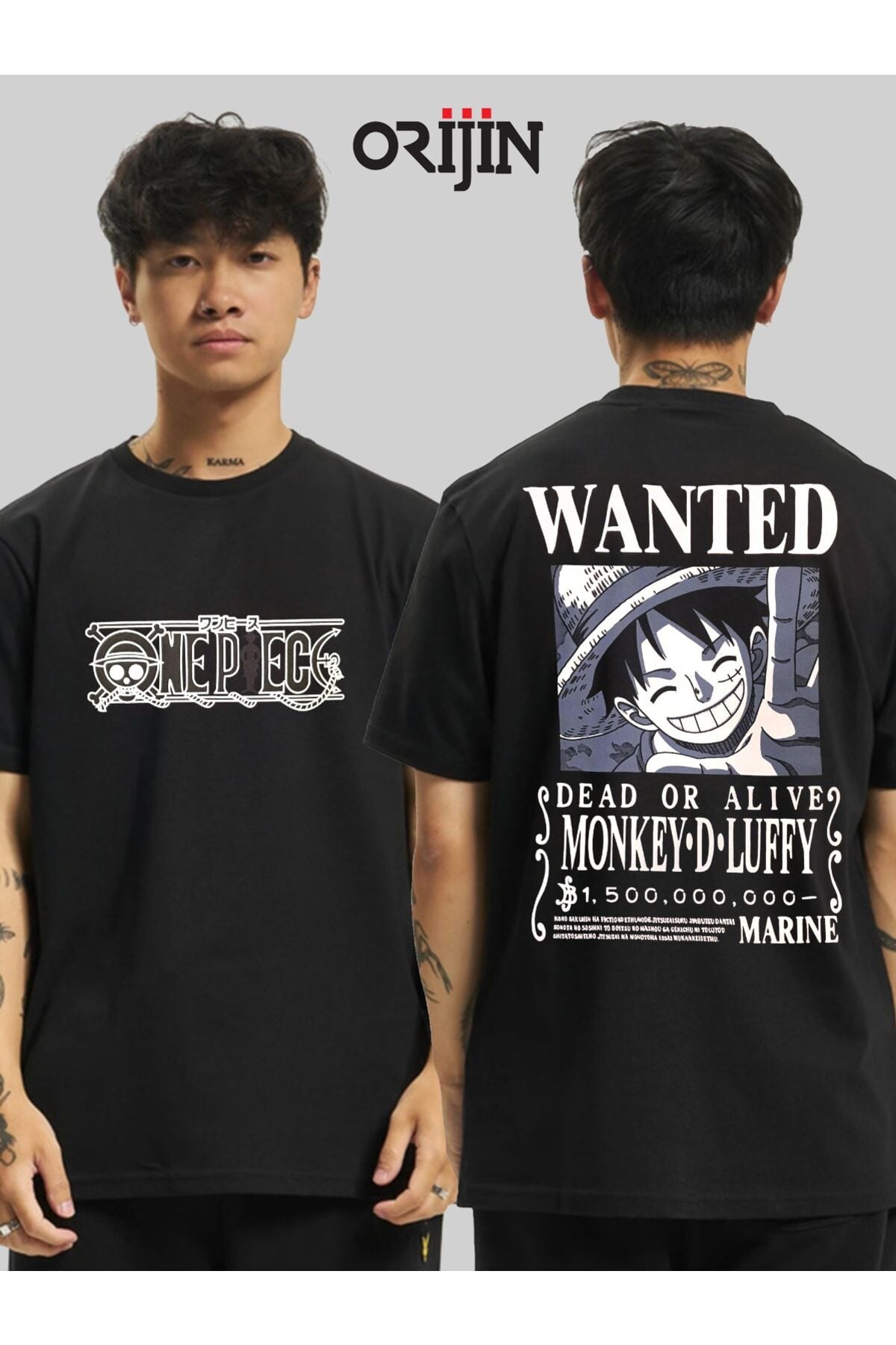 One Piece Monkey D. Luffy Wanted Ön Arka Baskılı Unisex Siyah Tshirt