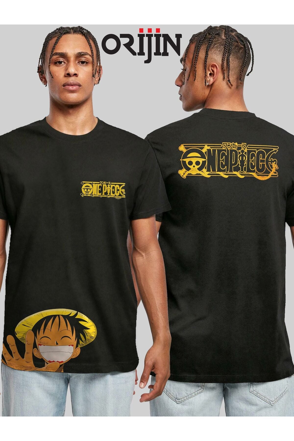 One Piece Monkey D. Luffy Smile Ön Arka Baskılı Unisex Siyah Tshirt
