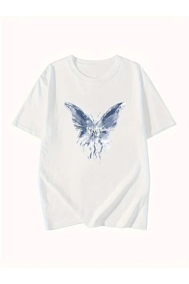 Mavi Kelebek Baskılı Oversize Unisex Tshirt