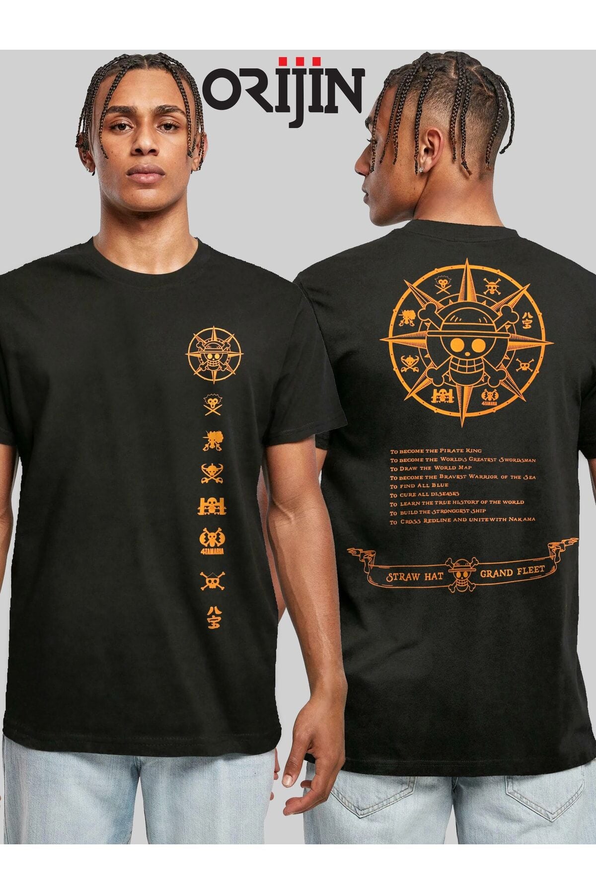 One Piece Straw Hat Grand Fleet Ön Arka Baskılı Unisex Siyah Tshirt