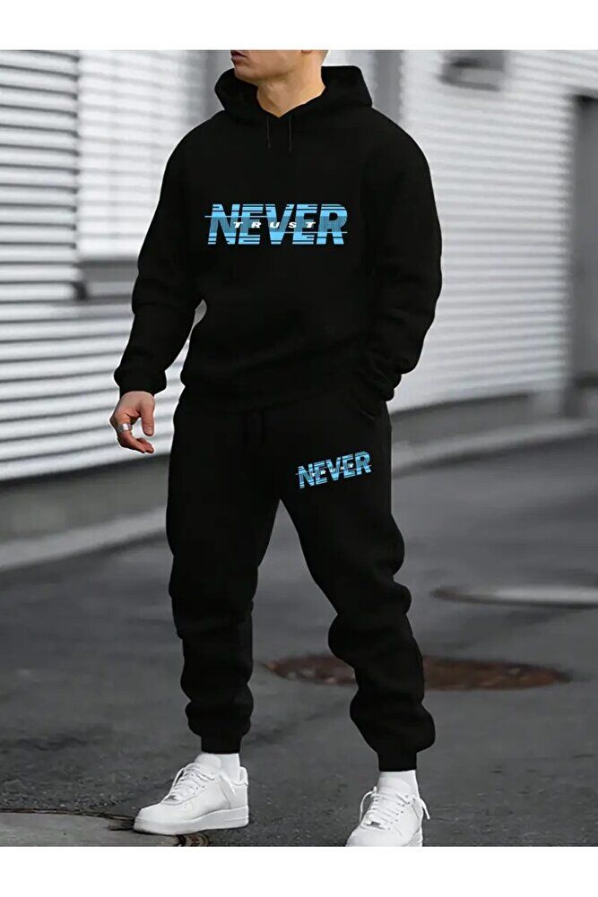 Siyah Erkek Oversize Basic Kapüşonlu Paçası Lastikli Never Trust Baskılı Pamuklu Eşofman Takımı