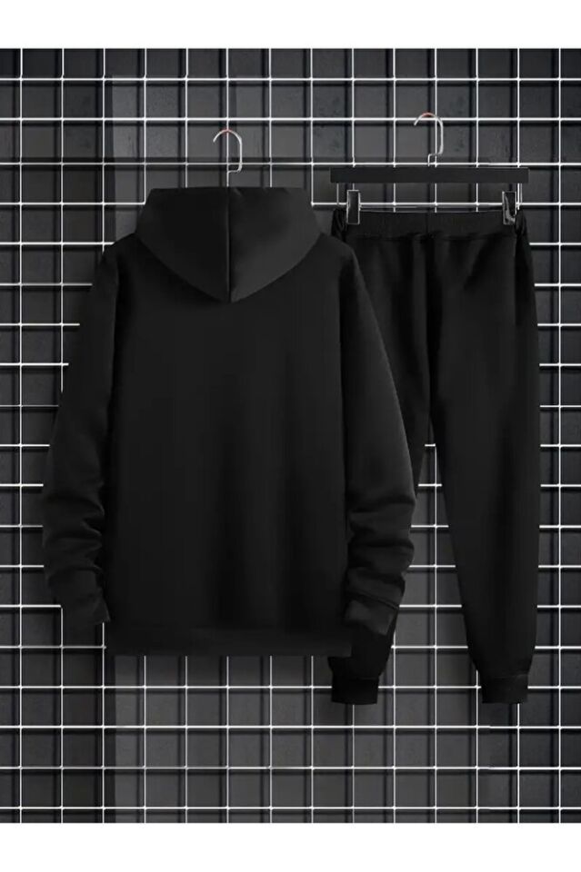 Siyah Erkek Oversize Basic Kapüşonlu Paçası Lastikli Never Trust Baskılı Pamuklu Eşofman Takımı