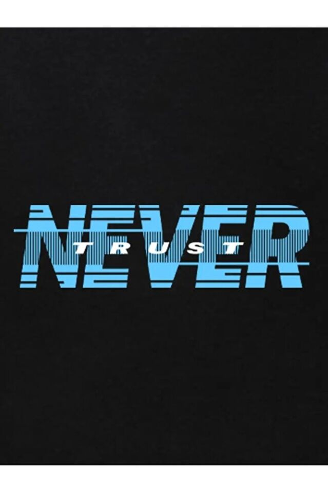 Siyah Erkek Oversize Basic Kapüşonlu Paçası Lastikli Never Trust Baskılı Pamuklu Eşofman Takımı