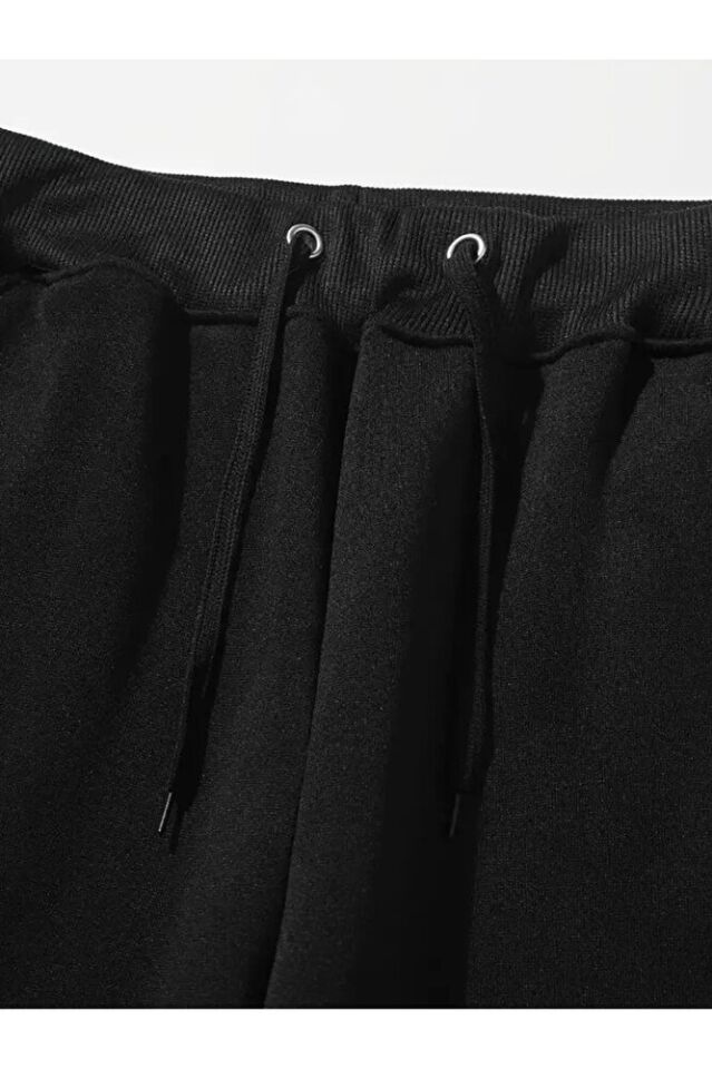 Siyah Erkek Oversize Basic Kapüşonlu Paçası Lastikli Never Trust Baskılı Pamuklu Eşofman Takımı