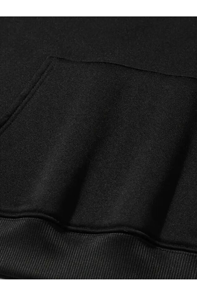 Siyah Erkek Oversize Basic Kapüşonlu Paçası Lastikli Never Trust Baskılı Pamuklu Eşofman Takımı