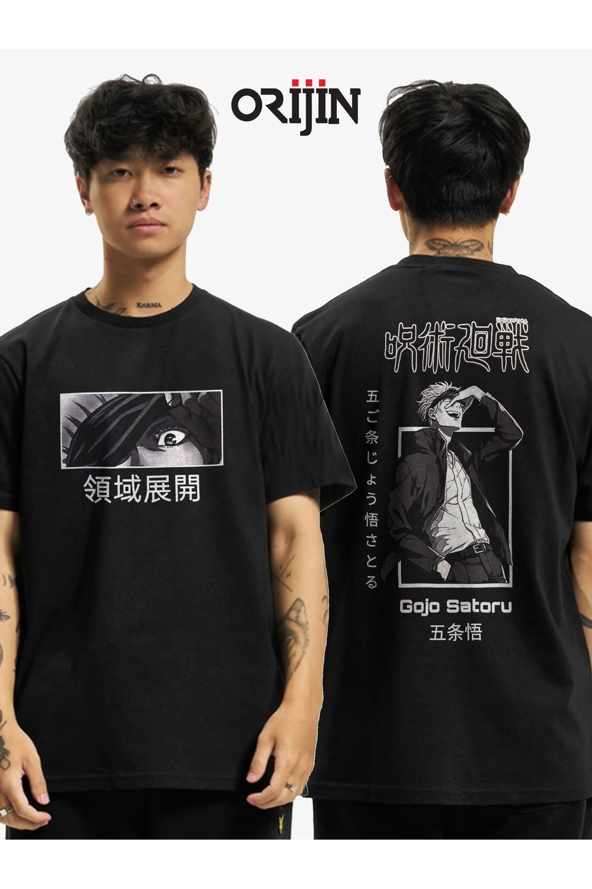 Jujutsu Kaisen Gojo Satoru Ön Arka Baskılı Unisex Siyah Tshirt