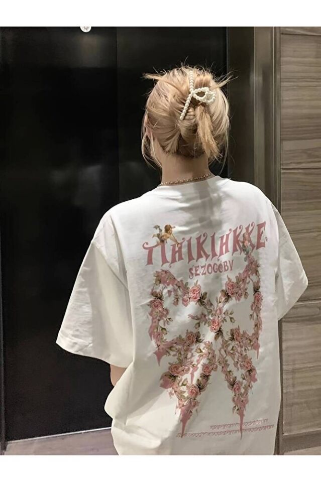 Kadın Çiçekli Baskılı Oversize Kısa Kollu Beyaz Pinterest  Tshirt