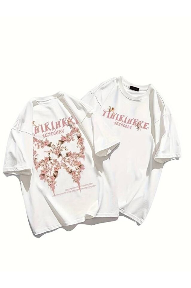Kadın Çiçekli Baskılı Oversize Kısa Kollu Beyaz Pinterest  Tshirt