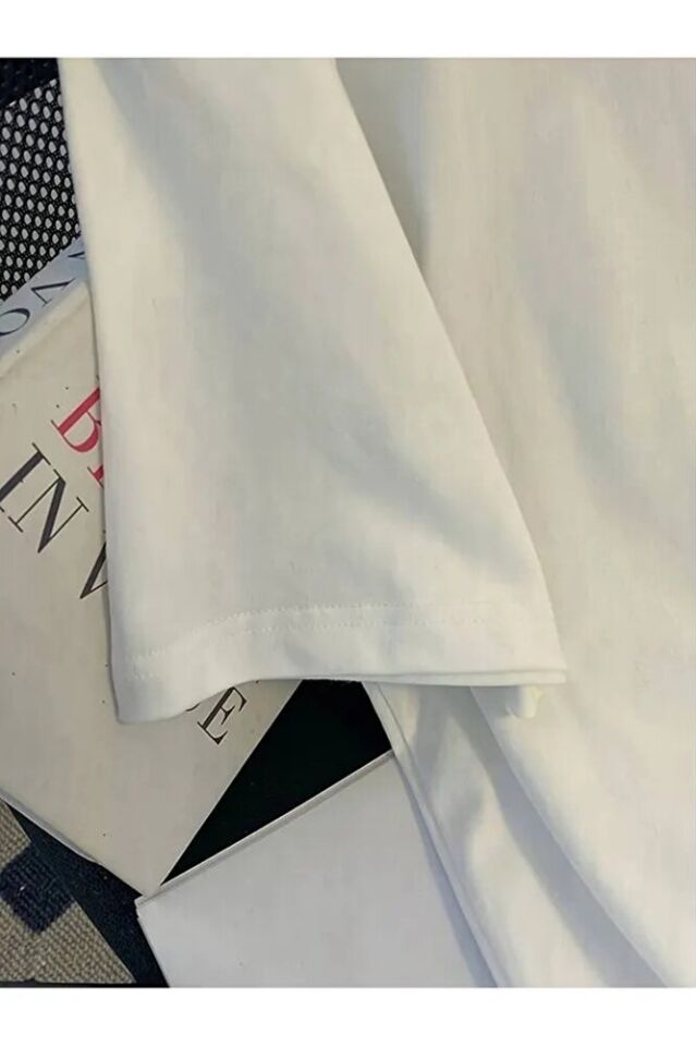 Kadın Çiçekli Baskılı Oversize Kısa Kollu Beyaz Pinterest  Tshirt