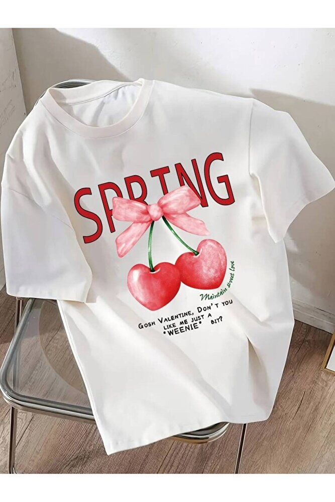 Kalpli Kiraz Baskılı Oversize Rahat Kalıp Bisiklet Yaka  Kadın Tshirt