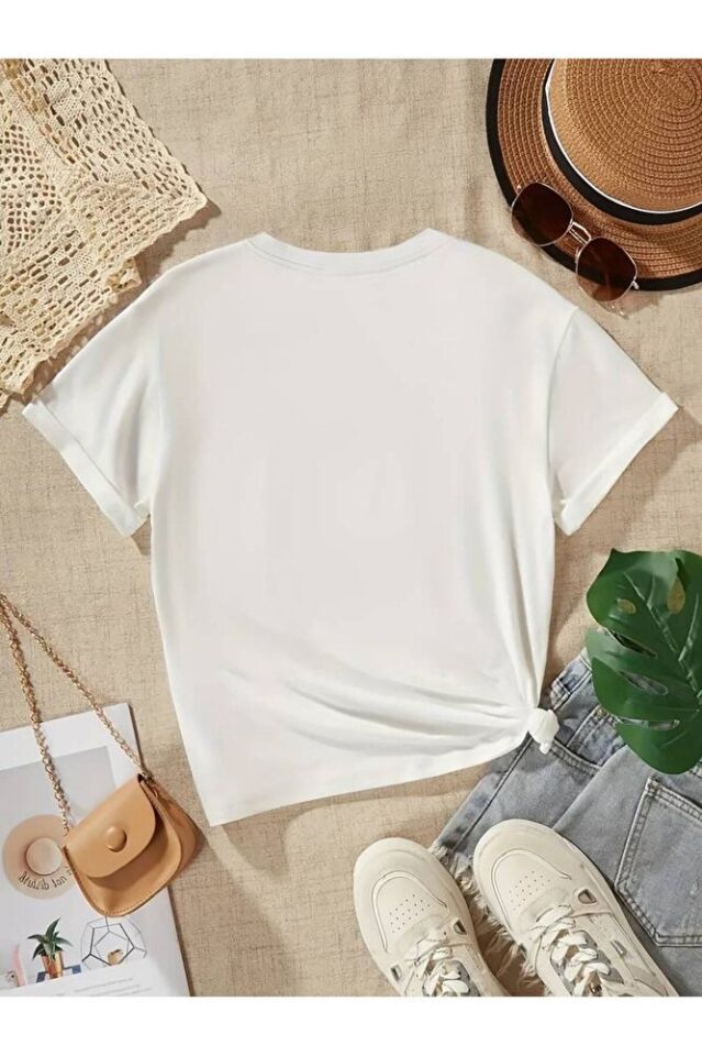 Kalpli Kiraz Baskılı Oversize Rahat Kalıp Bisiklet Yaka  Kadın Tshirt